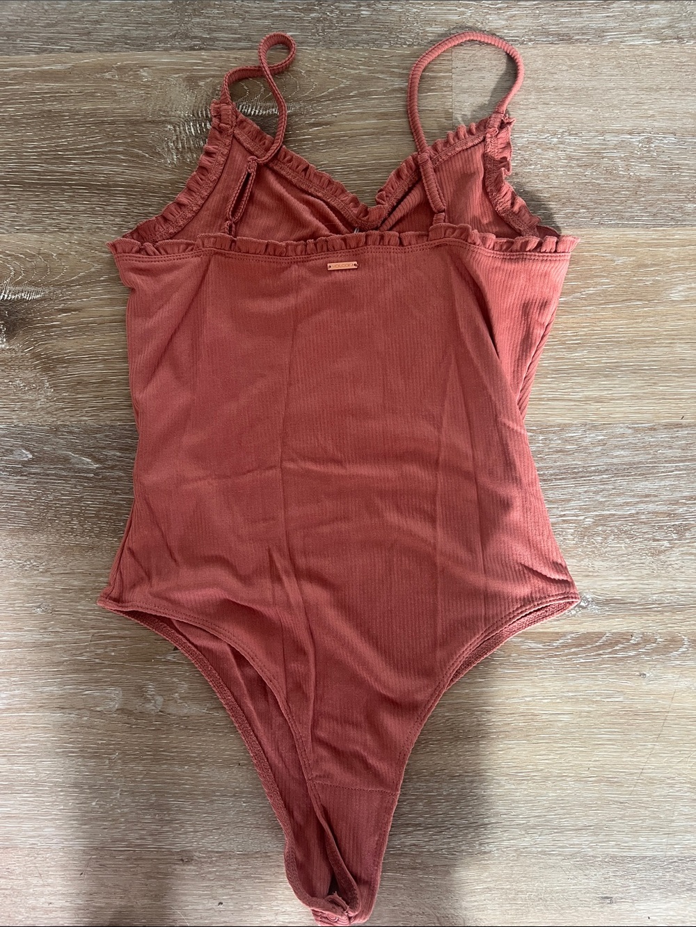Volcom Rust Orange Ribbed Ruffle-Trim Bodysuit - Picture 2 of 3